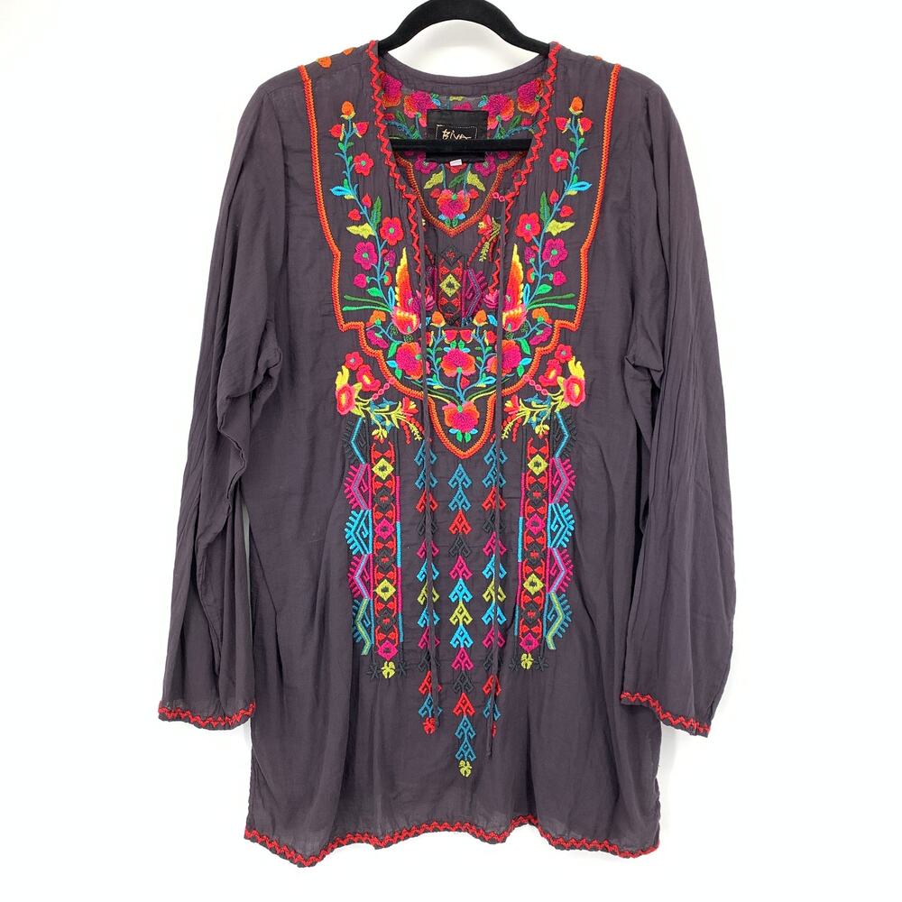 Biya Johnny Was Embroidered Floral Aztec Tunic Top Womens Size XL Long Sleeve
